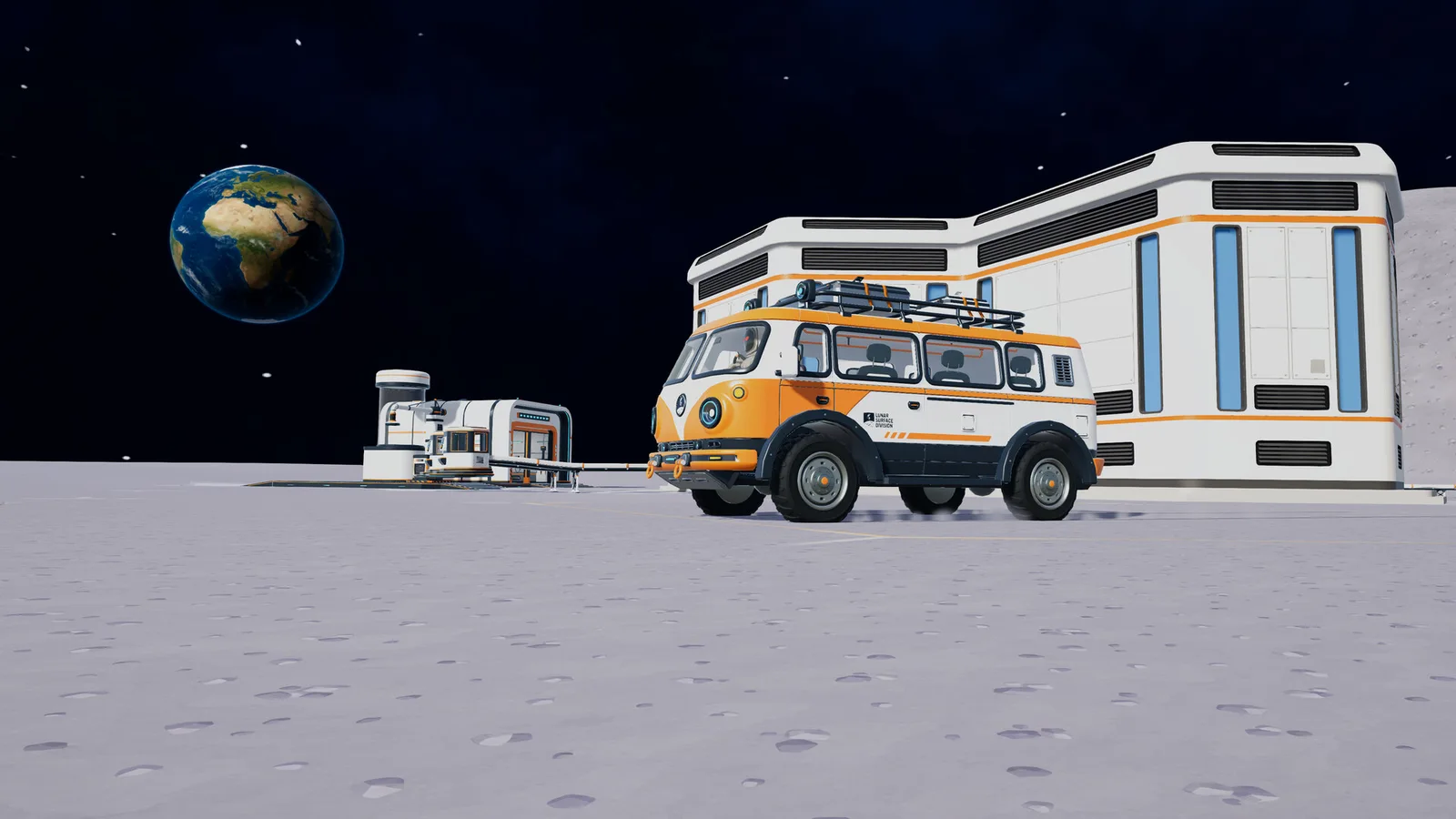 Moon Sweepers cleaning vehicle parked beside lunar base structures.